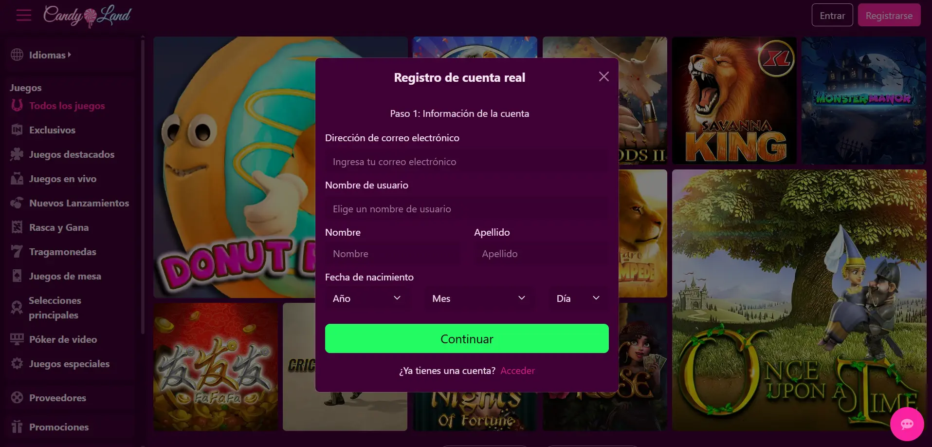 Registro y acceso en Candyland casino